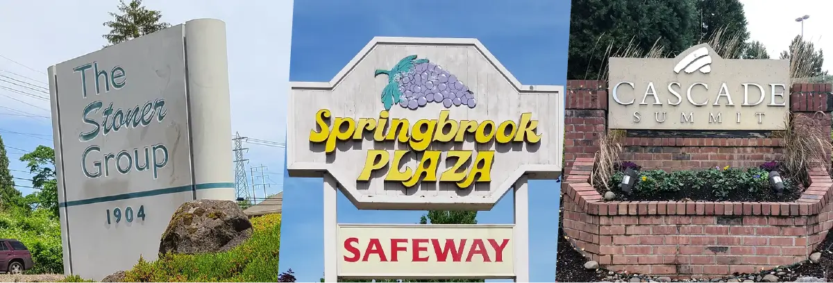 Collage of 3 business signs, all weather worn, showing it is time for them to be updated.